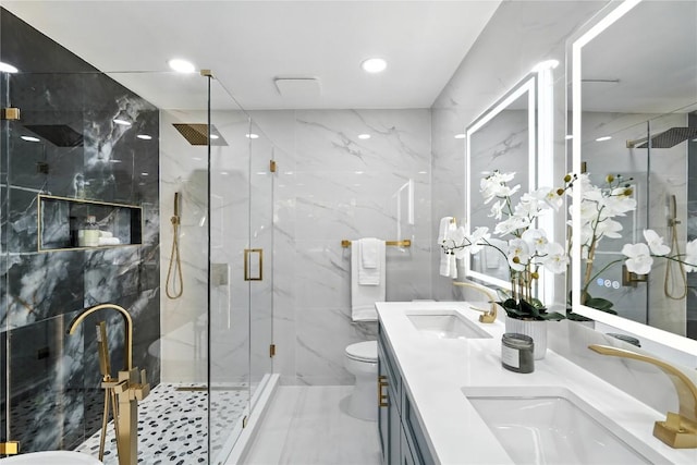 2400 Burly Oak Dr, Austin, TX 78745 - full bath with a marble finish shower, double vanity, and recessed lighting