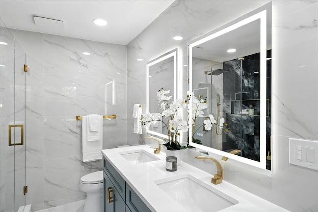 2400 Burly Oak Dr, Austin, TX 78745 - full bathroom with double vanity, a marble finish shower, and recessed lighting
