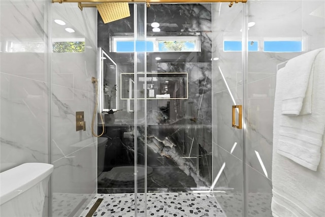 2400 Burly Oak Dr, Austin, TX 78745 - bathroom with toilet and a marble finish shower