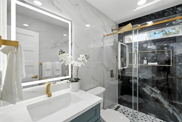 2400 Burly Oak Dr, Austin, TX 78745 - full bath featuring vanity and a marble finish shower