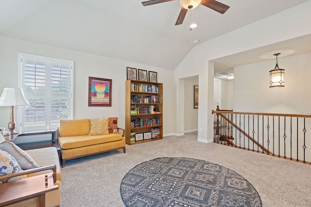 2634 Plantation Dr, Round Rock, TX 78681 - living area with carpet floors, an upstairs landing, lofted ceiling, and a ceiling fan