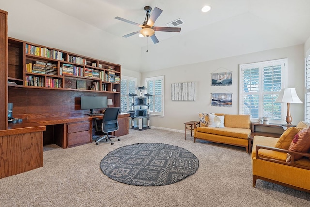 2634 Plantation Dr, Round Rock, TX 78681 - office space with carpet floors, a ceiling fan, built in desk, and vaulted ceiling