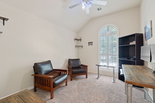 2634 Plantation Dr, Round Rock, TX 78681 - sitting room featuring a ceiling fan, carpet floors, and lofted ceiling