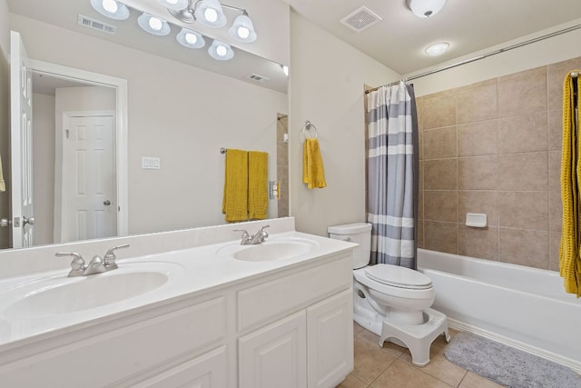 2634 Plantation Dr, Round Rock, TX 78681 - bathroom with tile patterned flooring, double vanity, and shower / bath combination with curtain