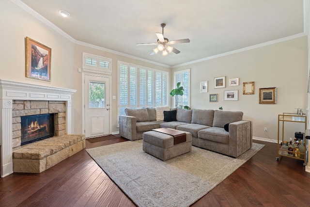 2634 Plantation Dr, Round Rock, TX 78681 - living room with ceiling fan, dark wood-type flooring, plenty of natural light, and crown molding