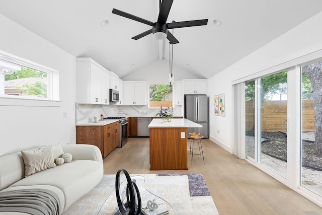 2813 Prado Unit 2, Austin, TX 78702 - kitchen featuring stainless steel appliances, open floor plan, a breakfast bar area, and light wood-style flooring