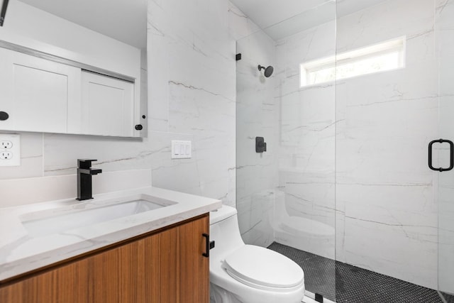 2813 Prado Unit 2, Austin, TX 78702 - bathroom featuring vanity, a marble finish shower, and tile walls