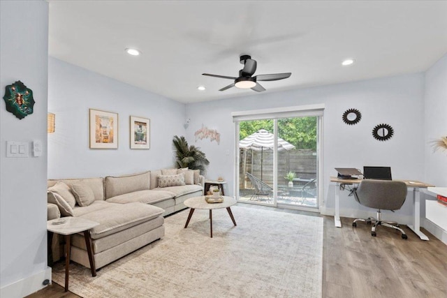 3812 Southway Dr Unit 103, Austin, TX 78704 - living area featuring an office area, wood finished floors, a ceiling fan, and recessed lighting