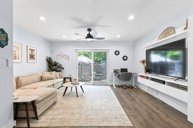 3812 Southway Dr Unit 103, Austin, TX 78704 - living area featuring a desk, wood finished floors, ceiling fan, and recessed lighting