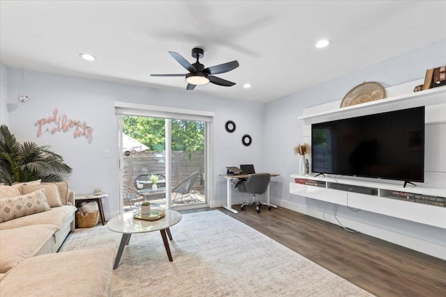 3812 Southway Dr Unit 103, Austin, TX 78704 - living area featuring wood finished floors, a desk, ceiling fan, and recessed lighting