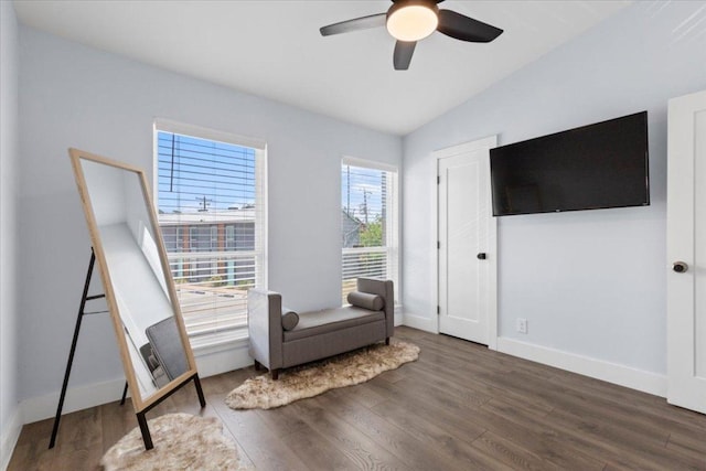 3812 Southway Dr Unit 103, Austin, TX 78704 - living area with wood finished floors, vaulted ceiling, and ceiling fan