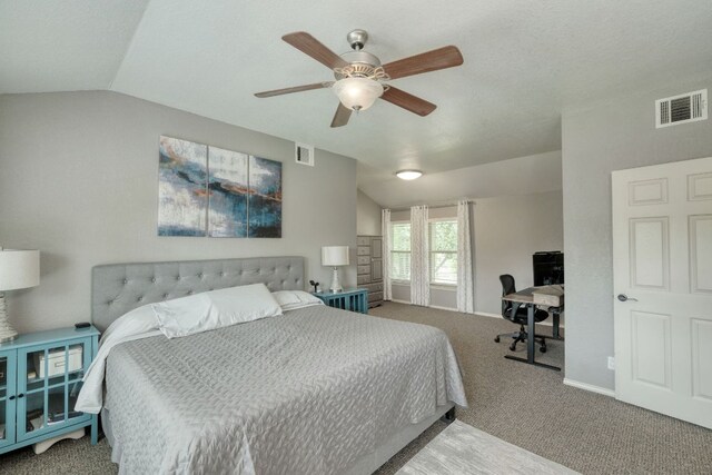 2018 Shadowbrook Cir, Round Rock, TX 78681 - bedroom with lofted ceiling, carpet floors, a desk, and ceiling fan