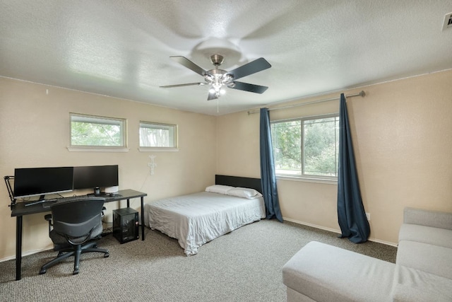 2018 Shadowbrook Cir, Round Rock, TX 78681 - bedroom featuring multiple windows, carpet floors, a ceiling fan, a desk, and a textured ceiling