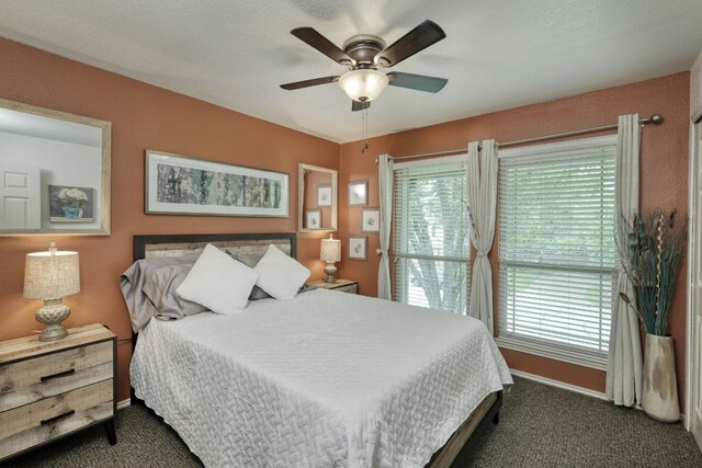 2018 Shadowbrook Cir, Round Rock, TX 78681 - bedroom with dark colored carpet and ceiling fan