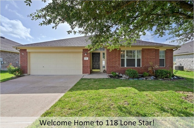 118 Lone Star Blvd, Hutto, TX 78634 - ranch-style home with an attached garage, brick siding, concrete driveway, and a front lawn