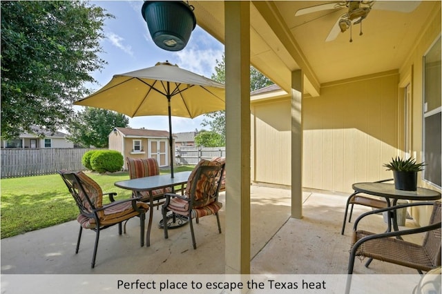 118 Lone Star Blvd, Hutto, TX 78634 - view of patio with a storage shed, outdoor dining space, and a ceiling fan