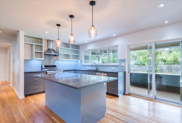 6602 Daugherty St, Austin, TX 78757 - kitchen with wall chimney range hood, open shelves, dark countertops, stove, and gray cabinets
