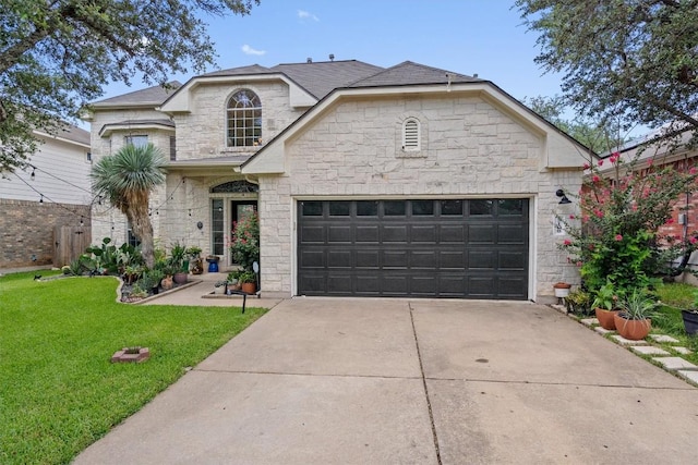 2108 Ariella Dr, Cedar Park, TX 78613 - view of front of property featuring stone siding, a front lawn, driveway, an attached garage, and a shingled roof