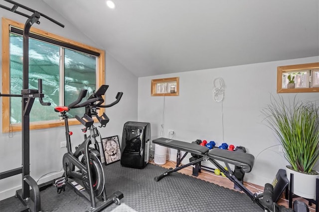 2108 Ariella Dr, Cedar Park, TX 78613 - exercise room with lofted ceiling and baseboards