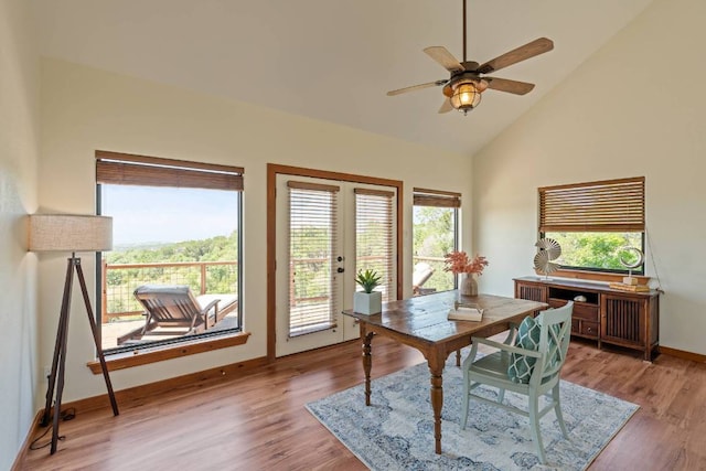 8152 Breeze Way, Jonestown, TX 78645 - office area with wood finished floors, a ceiling fan, high vaulted ceiling, and french doors