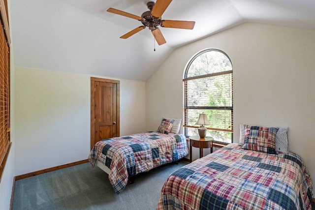 8152 Breeze Way, Jonestown, TX 78645 - carpeted bedroom featuring vaulted ceiling, multiple windows, and a ceiling fan