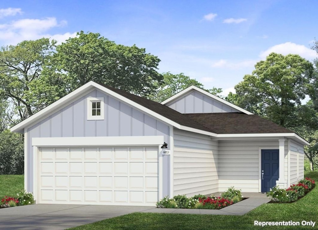 11600 Domenico Cv, Austin, TX 78747 - view of front of property featuring board and batten siding, concrete driveway, a garage, and a shingled roof