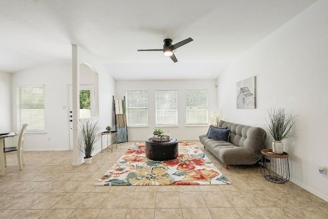 20209 Harrier Flight Trl, Pflugerville, TX 78660 - living area featuring lofted ceiling, plenty of natural light, ceiling fan, and light tile patterned floors