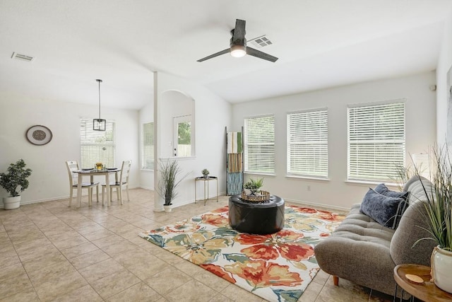 20209 Harrier Flight Trl, Pflugerville, TX 78660 - living area featuring ceiling fan, tile patterned floors, and lofted ceiling