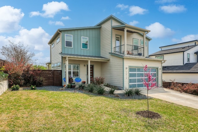 7013 Boyle Dr, Austin, TX 78724 - view of front facade featuring a balcony, a garage, concrete driveway, board and batten siding, and a porch