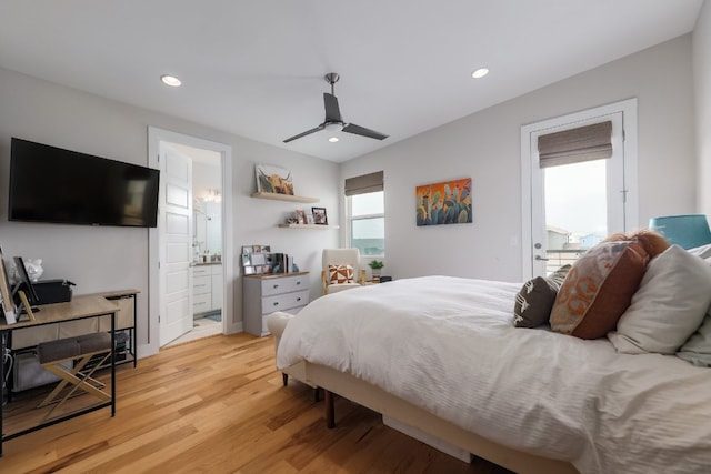 7013 Boyle Dr, Austin, TX 78724 - bedroom with light wood finished floors, recessed lighting, a ceiling fan, ensuite bath, and a desk