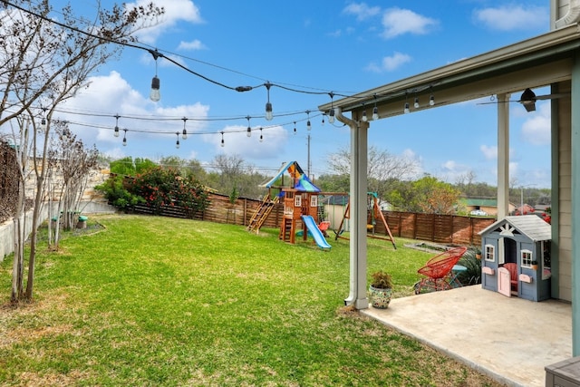 7013 Boyle Dr, Austin, TX 78724 - fenced backyard featuring a playground and a patio area