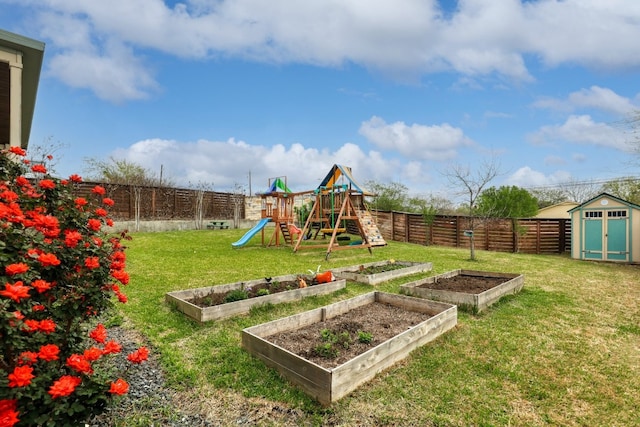 7013 Boyle Dr, Austin, TX 78724 - fenced backyard featuring a playground, a vegetable garden, and a storage shed