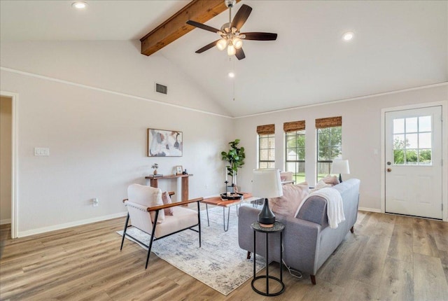 206 Live Oak Dr, Mountain City, TX 78610 - living area with beamed ceiling, light wood-style flooring, a ceiling fan, recessed lighting, and high vaulted ceiling