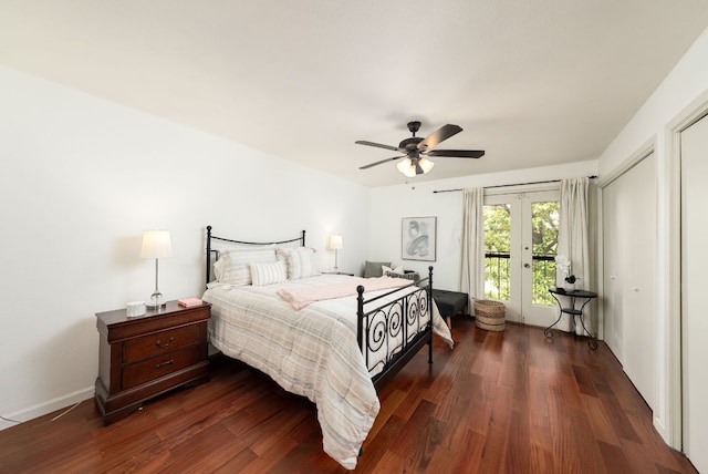3617 Las Colinas Dr Unit B, Austin, TX 78731 - bedroom featuring access to exterior, dark wood-style flooring, french doors, and a ceiling fan
