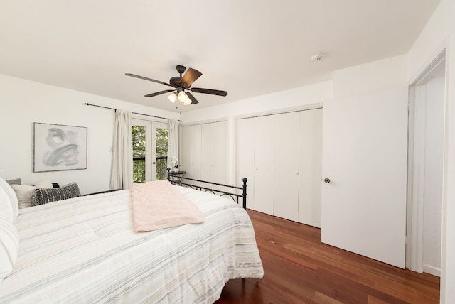 3617 Las Colinas Dr Unit B, Austin, TX 78731 - bedroom featuring french doors, multiple closets, wood finished floors, access to outside, and a ceiling fan