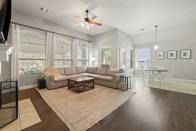 10408 Hansa Dr, Austin, TX 78739 - living room featuring ceiling fan, hardwood / wood-style floors, and vaulted ceiling