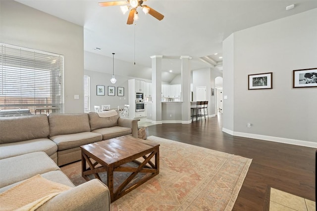 10408 Hansa Dr, Austin, TX 78739 - living room with a ceiling fan, wood finished floors, arched walkways, and recessed lighting