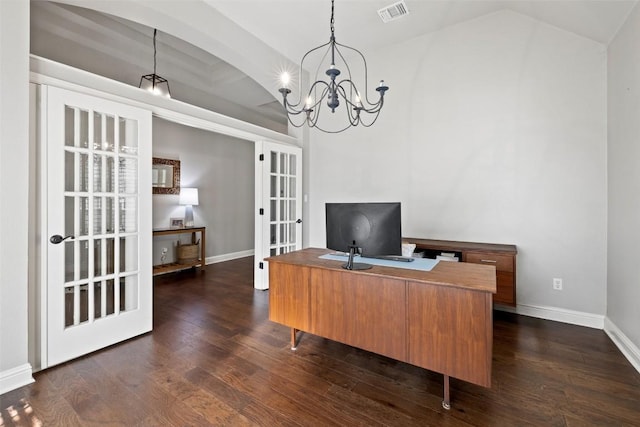 10408 Hansa Dr, Austin, TX 78739 - office featuring a chandelier, dark wood-style flooring, vaulted ceiling, and french doors