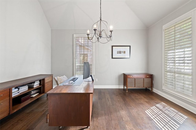 10408 Hansa Dr, Austin, TX 78739 - office area featuring vaulted ceiling, a chandelier, healthy amount of natural light, and dark wood-style floors