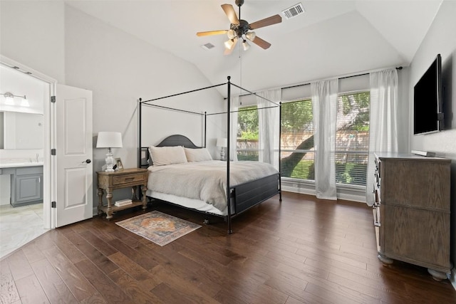 10408 Hansa Dr, Austin, TX 78739 - bedroom with vaulted ceiling, wood-type flooring, ensuite bathroom, and a ceiling fan