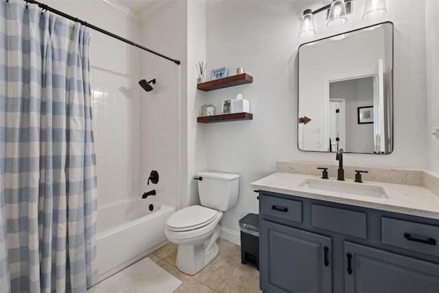 10408 Hansa Dr, Austin, TX 78739 - full bathroom with vanity, shower / tub combo with curtain, ornamental molding, and tile patterned flooring