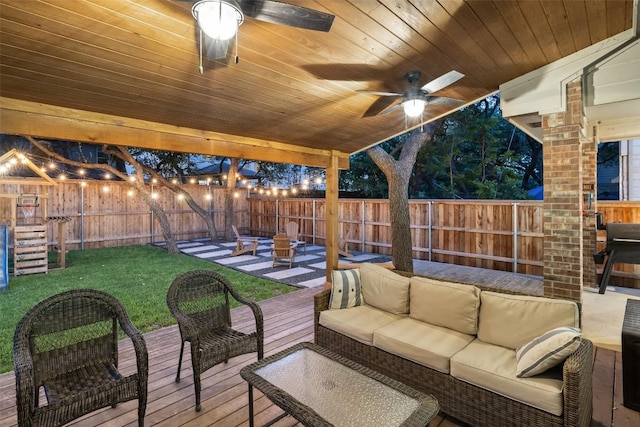 10408 Hansa Dr, Austin, TX 78739 - deck with an outdoor hangout area, a fenced backyard, a ceiling fan, and a patio area