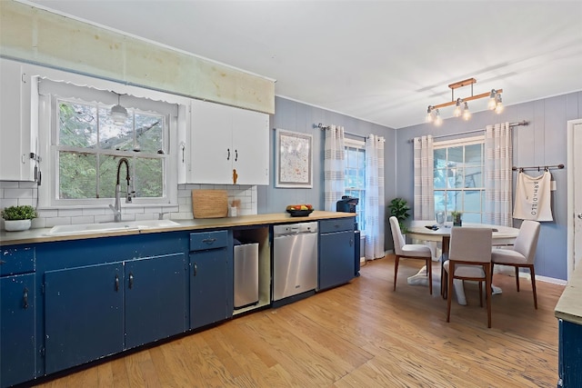 10000 Gail Rd, Austin, TX 78748 - kitchen featuring blue cabinetry, light wood-style floors, stainless steel dishwasher, decorative backsplash, and crown molding