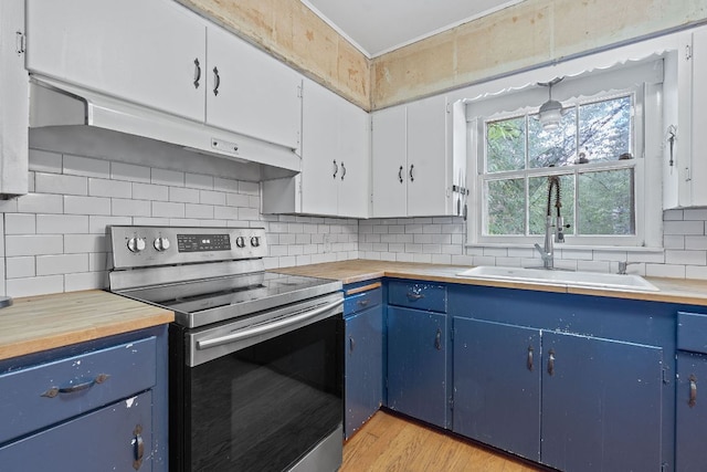 10000 Gail Rd, Austin, TX 78748 - kitchen with stainless steel electric range, blue cabinetry, and wooden counters