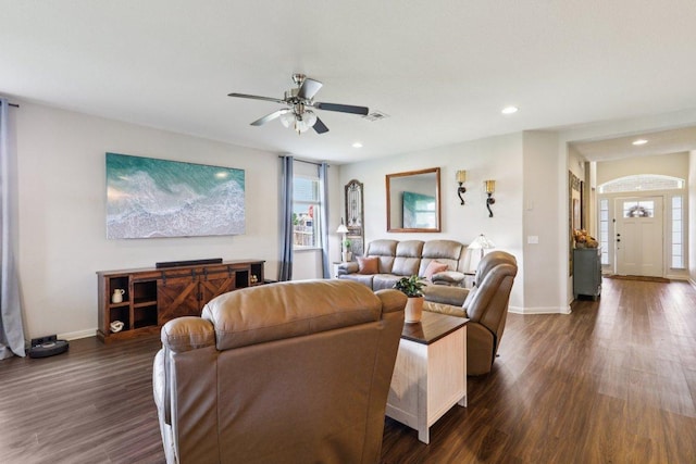 16601 Aventura Ave, Pflugerville, TX 78660 - living room with dark wood-style flooring, a ceiling fan, and recessed lighting