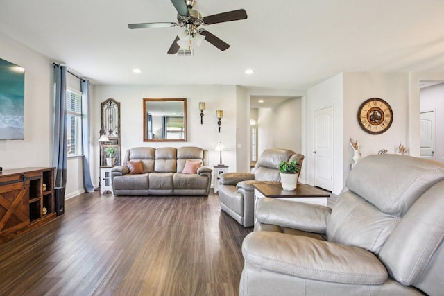 16601 Aventura Ave, Pflugerville, TX 78660 - living room featuring dark wood finished floors, a ceiling fan, and recessed lighting