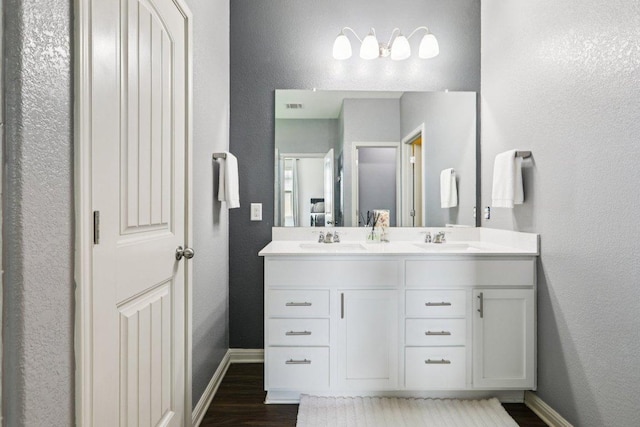 16601 Aventura Ave, Pflugerville, TX 78660 - bathroom with double vanity, wood finished floors, and a textured wall