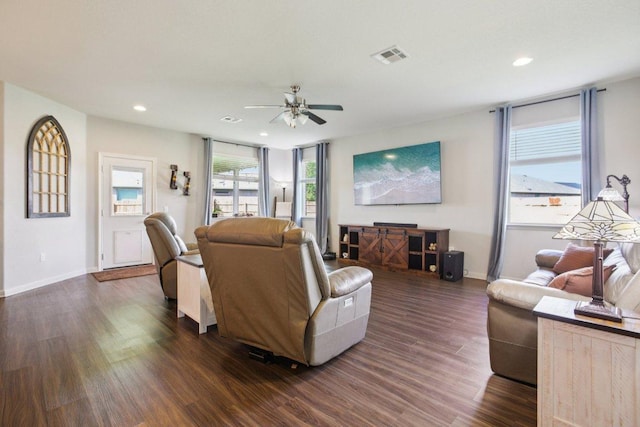 16601 Aventura Ave, Pflugerville, TX 78660 - living room with dark wood finished floors, a ceiling fan, and recessed lighting