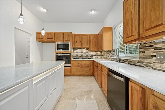 301 Crane St, Austin, TX 78734 - kitchen with stainless steel appliances, tasteful backsplash, light countertops, brown cabinetry, and pendant lighting