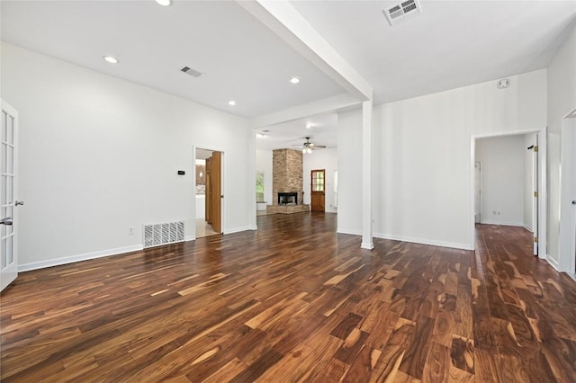 301 Crane St, Austin, TX 78734 - unfurnished living room featuring wood finished floors, ceiling fan, a large fireplace, and recessed lighting